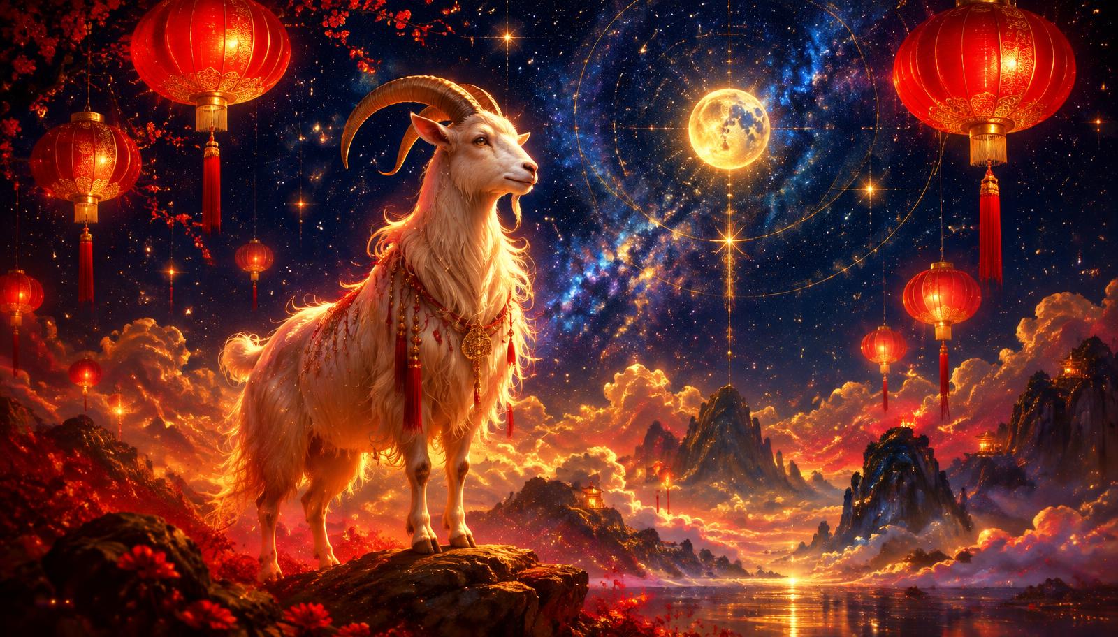 A goat standing in soft red and gold light beneath a lantern-lit night sky