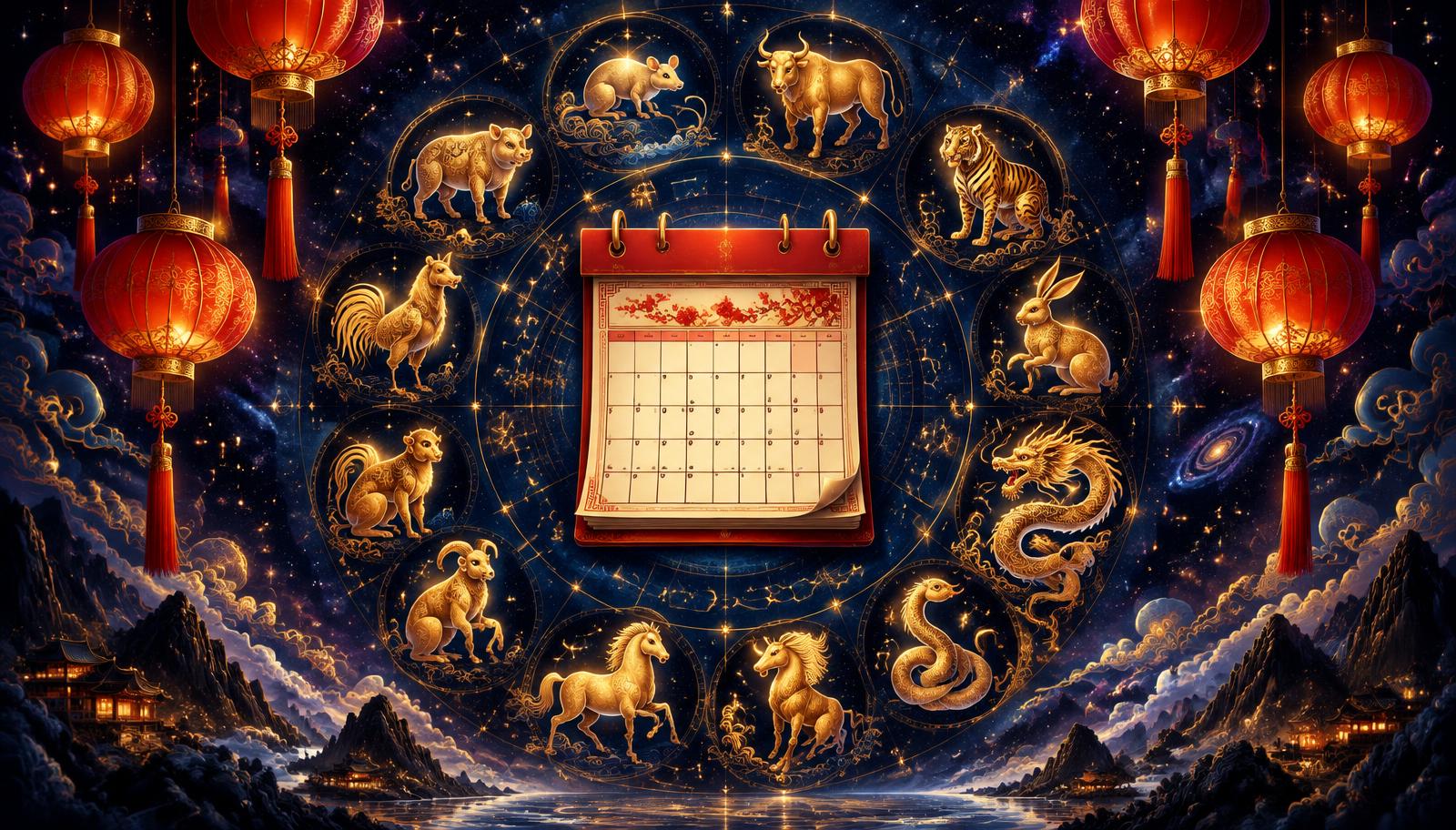 A calendar page for early February surrounded by red lanterns and the twelve zodiac animals