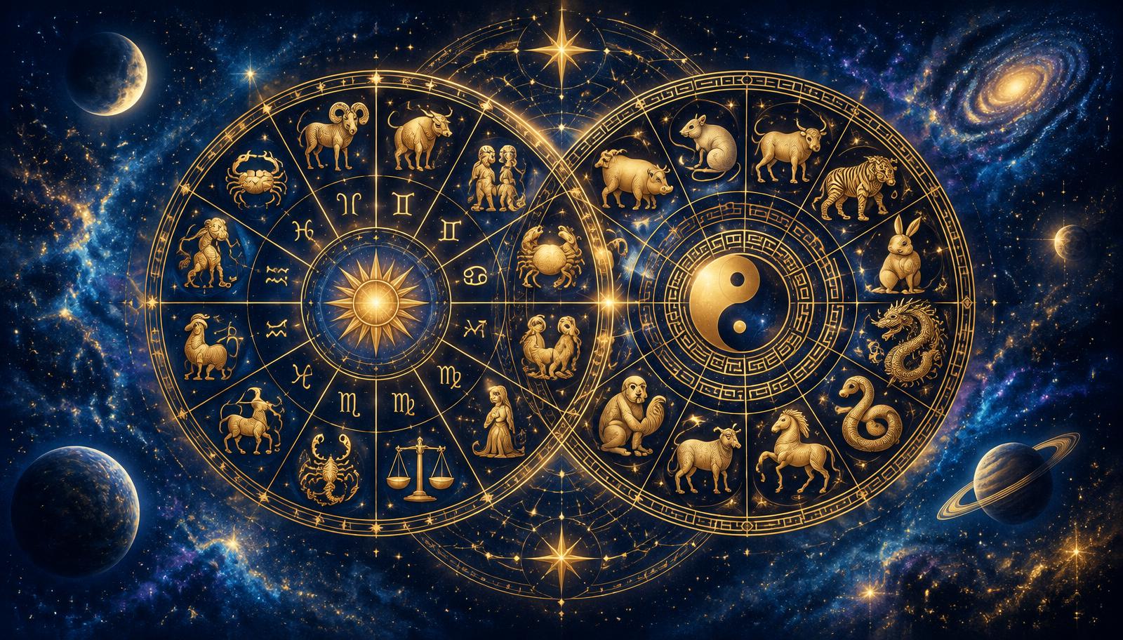 A Western zodiac wheel and a Chinese zodiac wheel overlapping in gold and deep blue